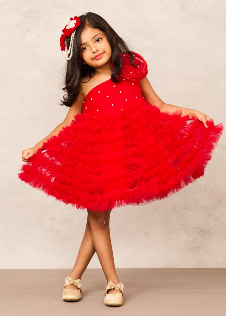 Red Pearl Work Detailing One Shoulder Ruffle Dress
