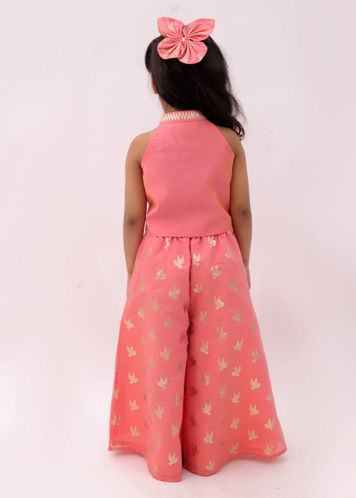 Mishti Peach Bird Printed Top With Palazzo Set