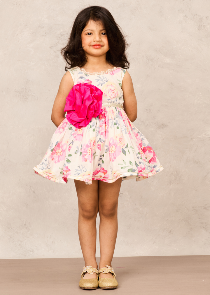 Pink Floral Printed Cotton With Big Pink Taffeta Flower Dress