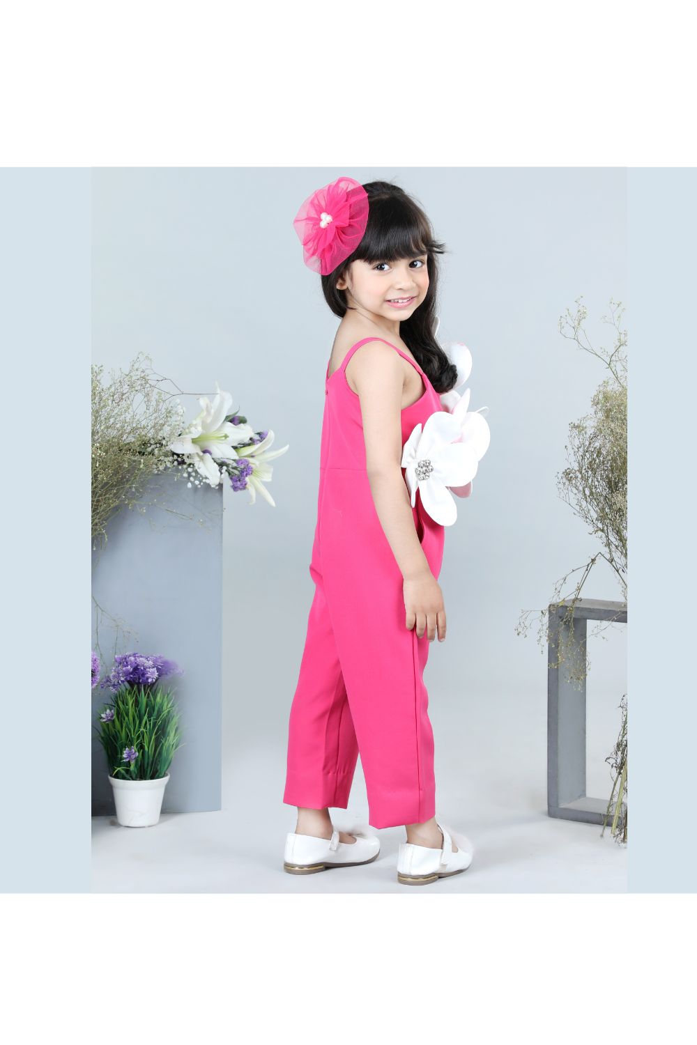 Hot Pink 3D Flower Embellished Crepe Sleeveless Jumpsuit