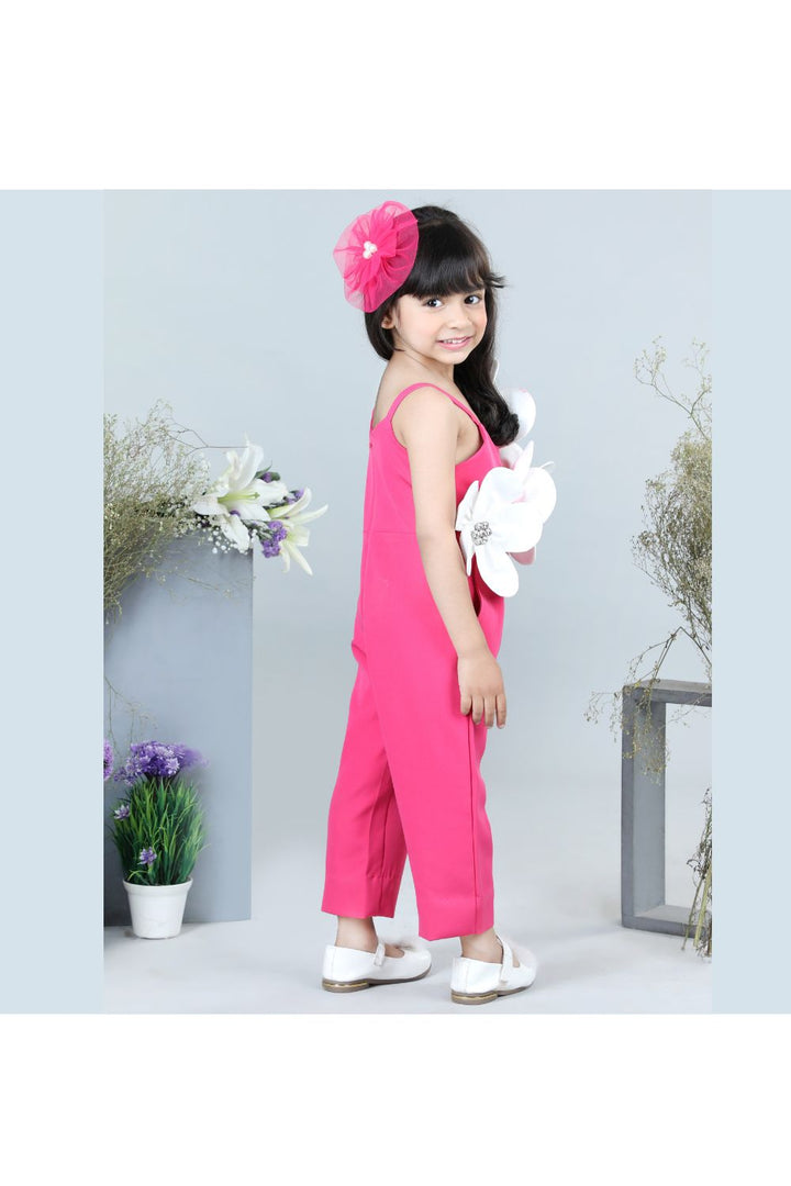 Hot Pink 3D Flower Embellished Crepe Sleeveless Jumpsuit