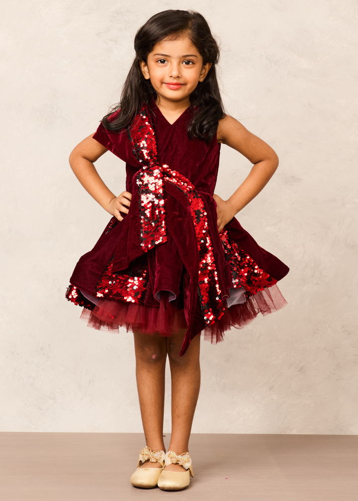 Maroon Velvet Handcrafted Sequence Net Dress
