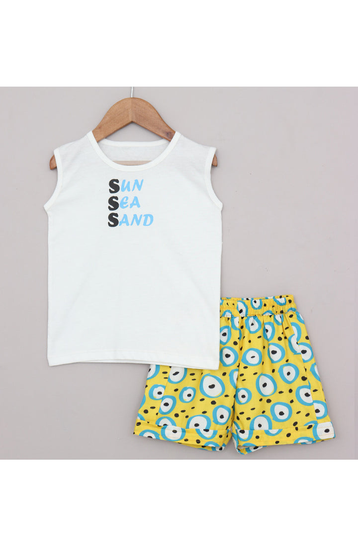 White T-Shirt With Yellow Evil Eye Printed Cotton Shirt And Short Set