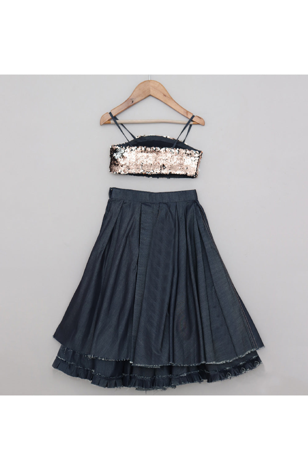 Golden Sequins Embroidered Sleeveless Top With Denim High Low Skirt