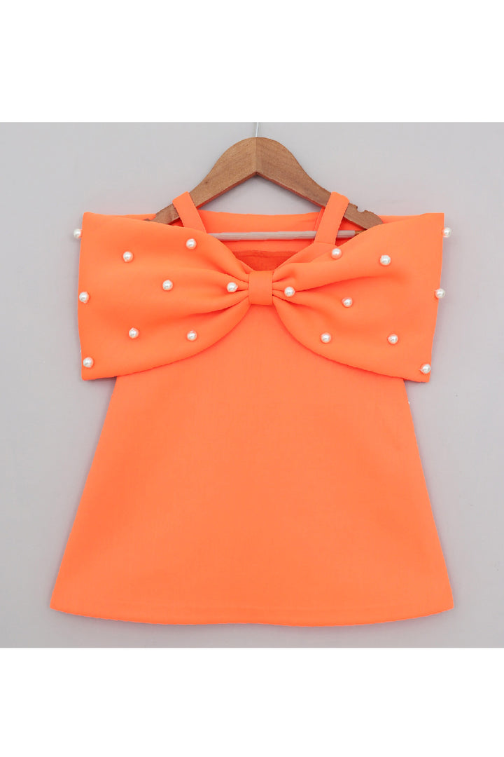 Neon Orange Pearl Detailing Bow Sleeveless Dress