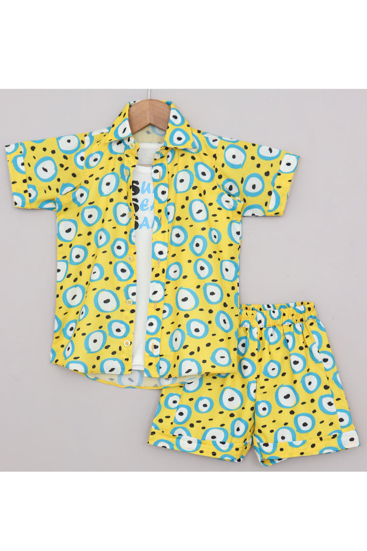 White T-Shirt With Yellow Evil Eye Printed Cotton Shirt And Short Set