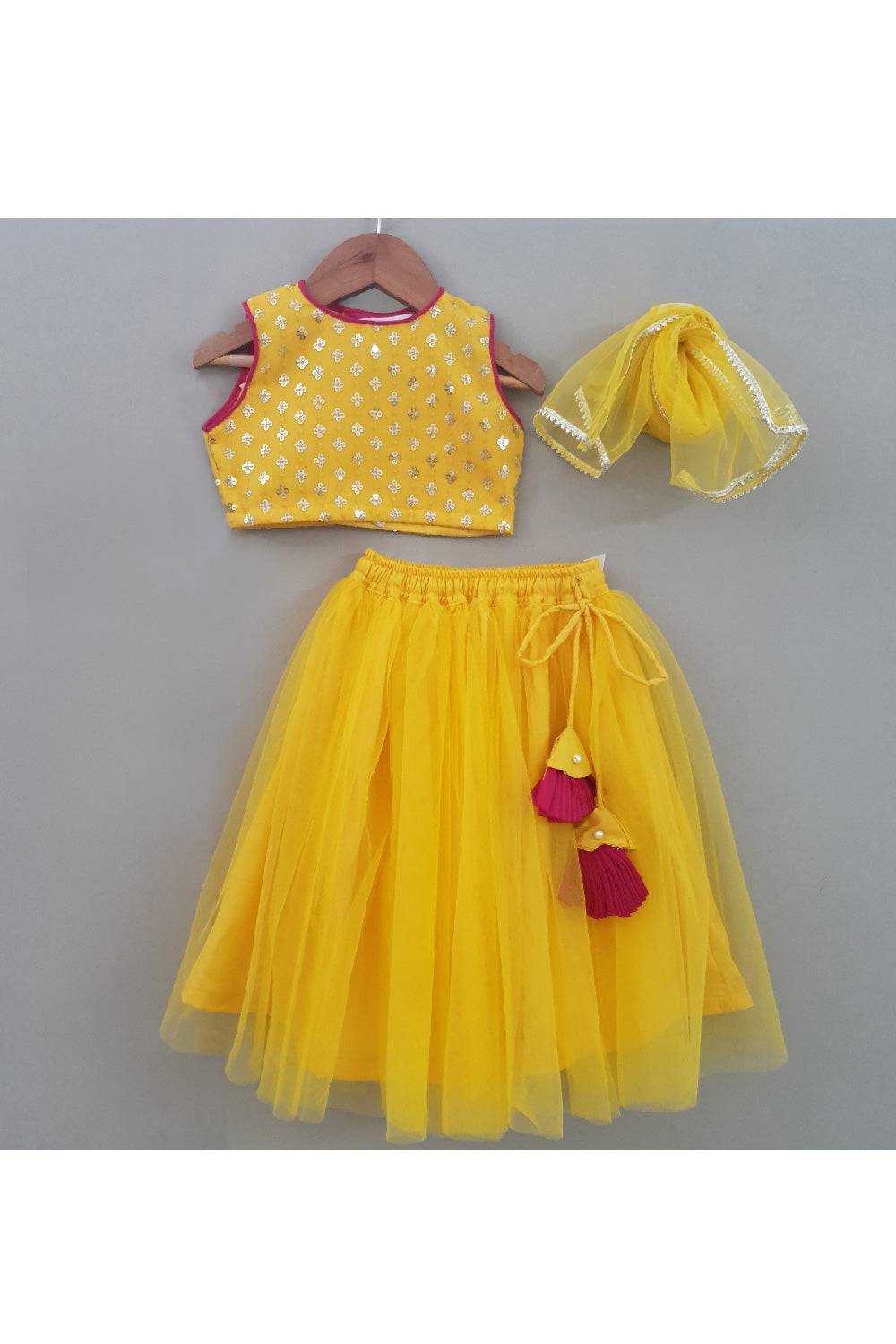 Yellow Embroidered Sleeveless Top With Net Lehenga Set