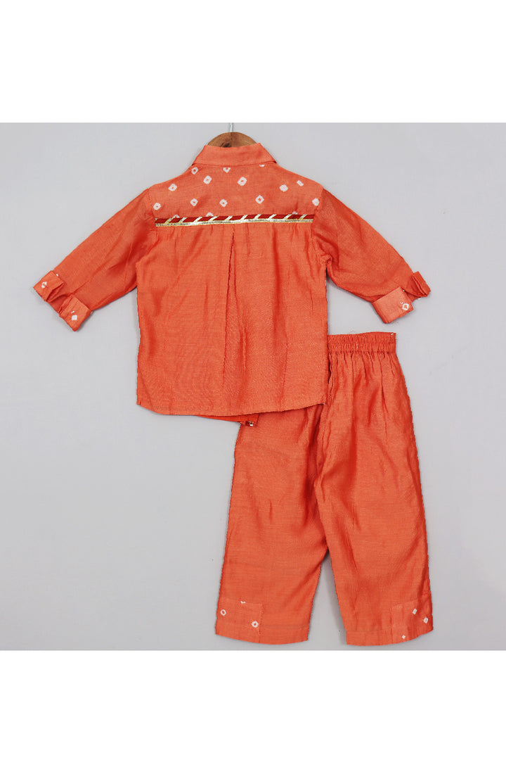 Orange Bandhani Printed Angarkha Style Shirt With Pant Set