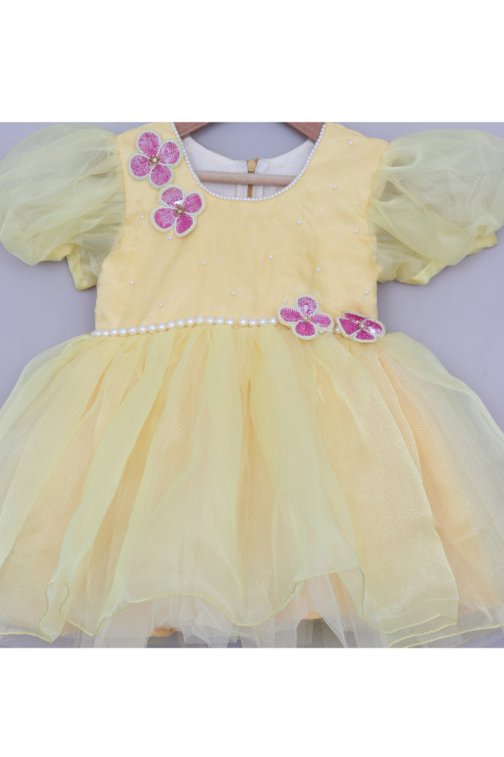 Yellow Floral And Pearl Detailing Organza Dress