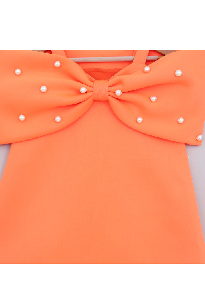 Neon Orange Pearl Detailing Bow Sleeveless Dress