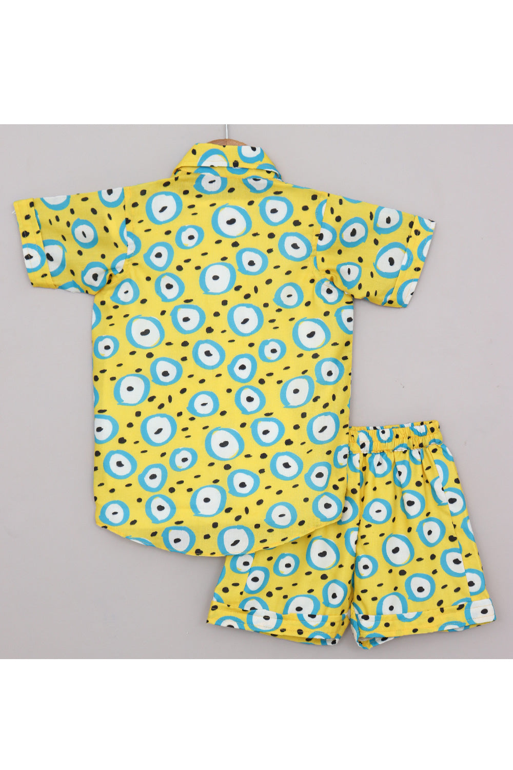 White T-Shirt With Yellow Evil Eye Printed Cotton Shirt And Short Set