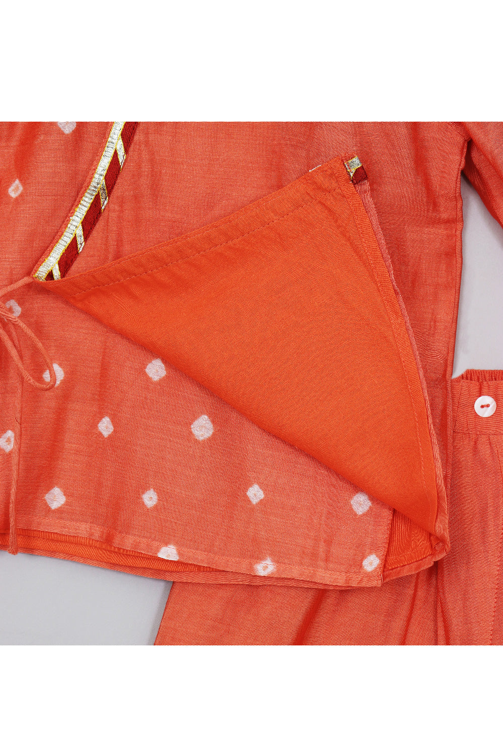 Orange Bandhani Printed Angarkha Style Shirt With Pant Set