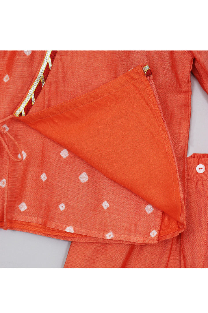 Orange Bandhani Printed Angarkha Style Shirt With Pant Set