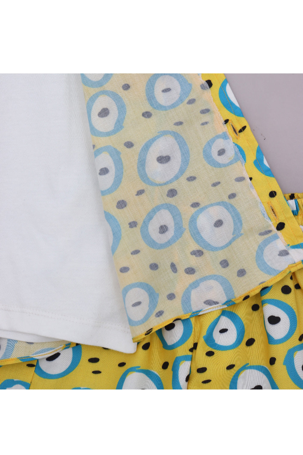White T-Shirt With Yellow Evil Eye Printed Cotton Shirt And Short Set