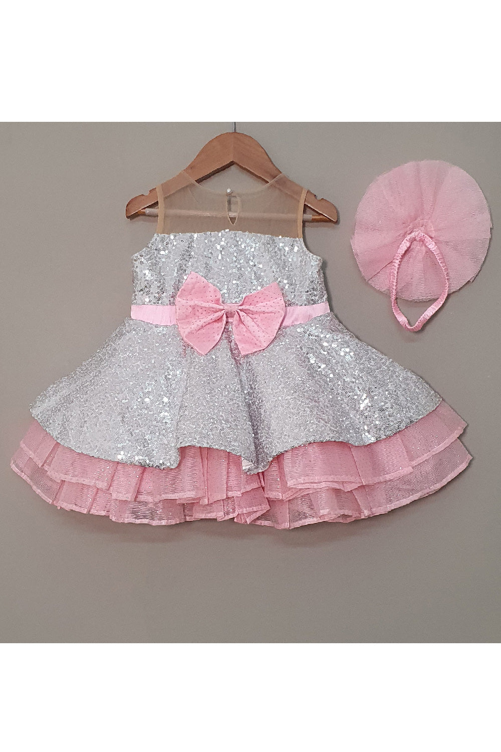 Pink And Silver Sequins Detailing Dress With Hairband