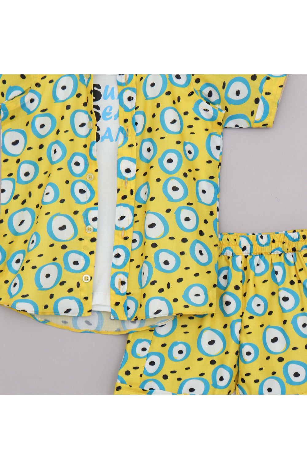 White T-Shirt With Yellow Evil Eye Printed Cotton Shirt And Short Set