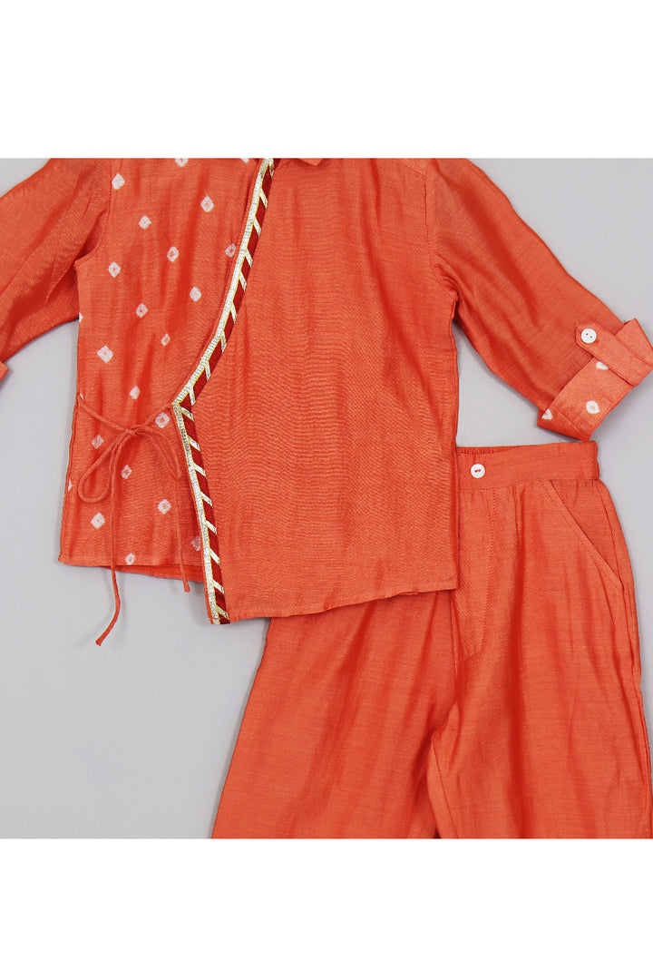 Orange Bandhani Printed Angarkha Style Shirt With Pant Set