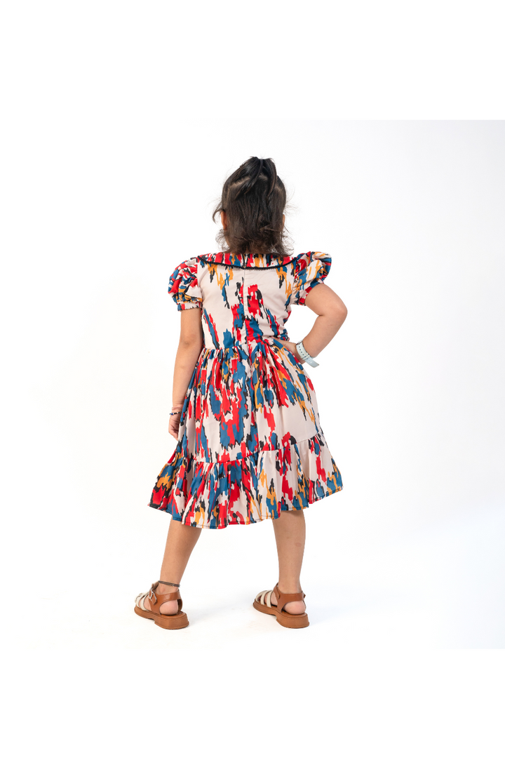 Multicolor Satin Ikat Twister Printed Puff Sleeves Frock