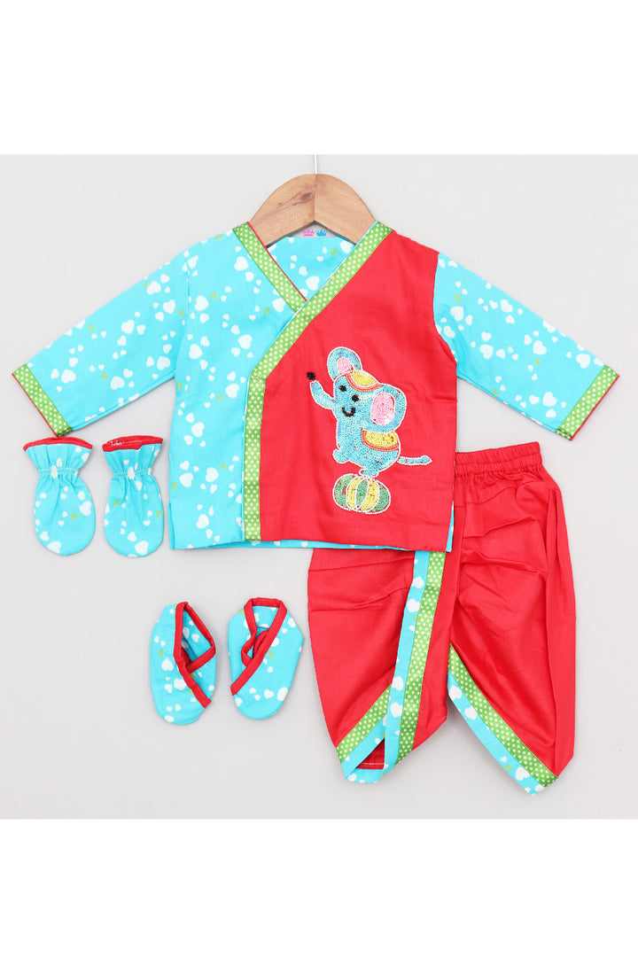 Sky Blue And Red Dancing Elephant Sequins Embroidered Jamna Set