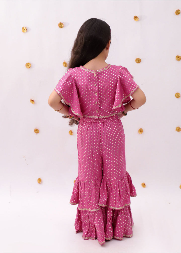 Pink Heart Pattern Foil Printed Crop Top With Flare Pant Set