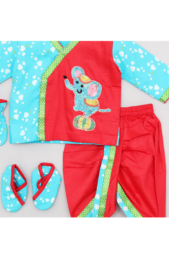 Sky Blue And Red Dancing Elephant Sequins Embroidered Jamna Set