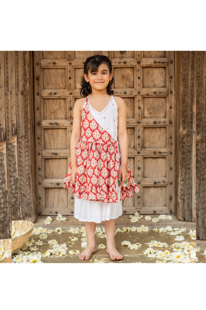 White Cotton Dress With Red Floral Printed Attached Jacket Set