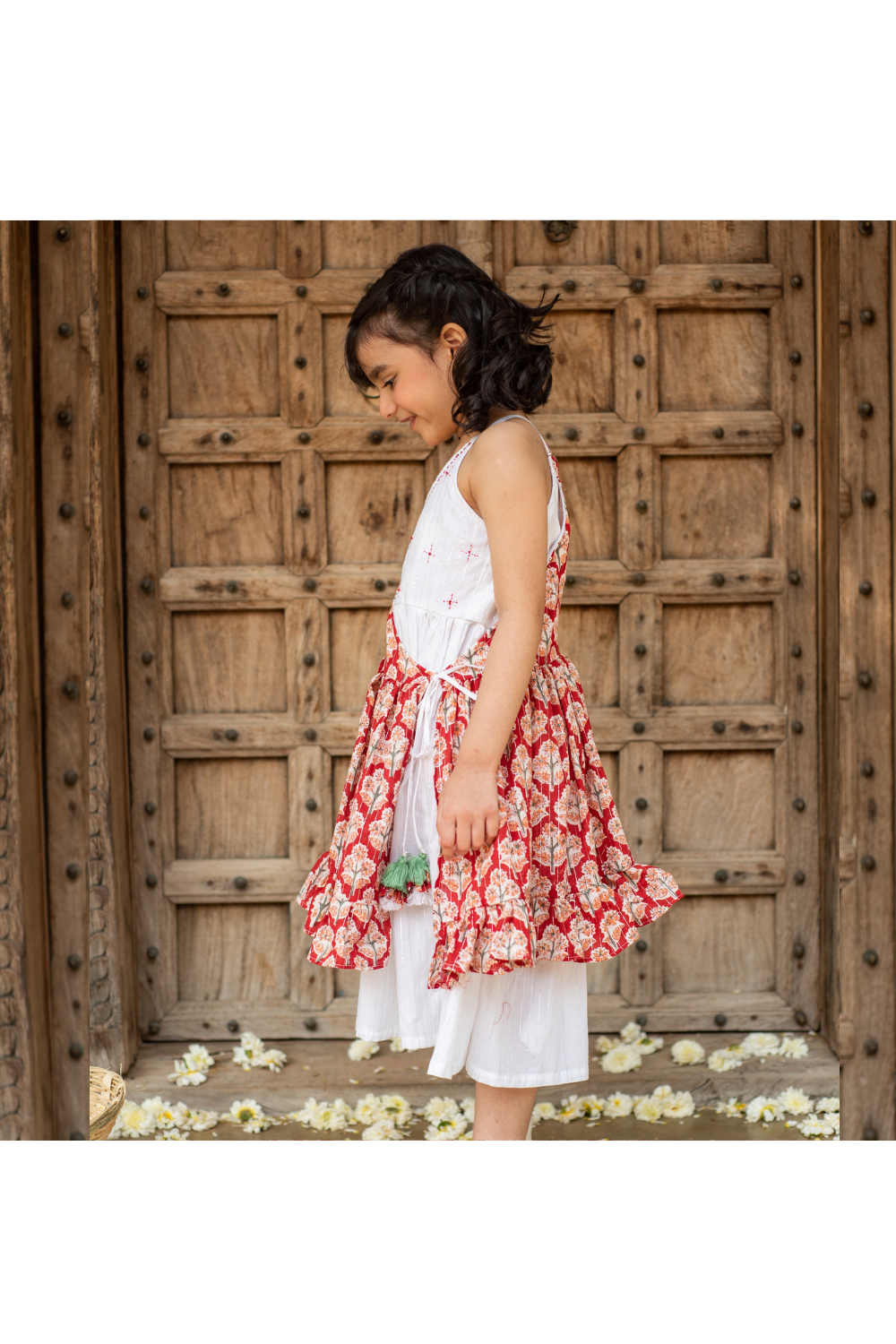 White Cotton Dress With Red Floral Printed Attached Jacket Set