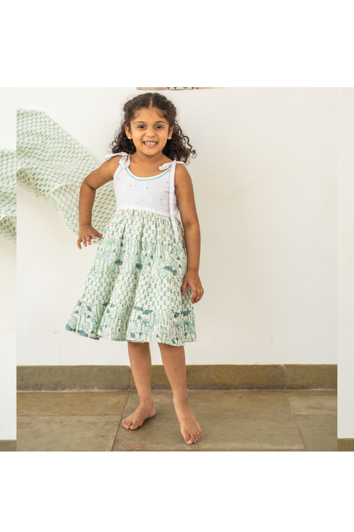 Blue Lotus Printed Tie-Knot And Tiered Cotton Dress