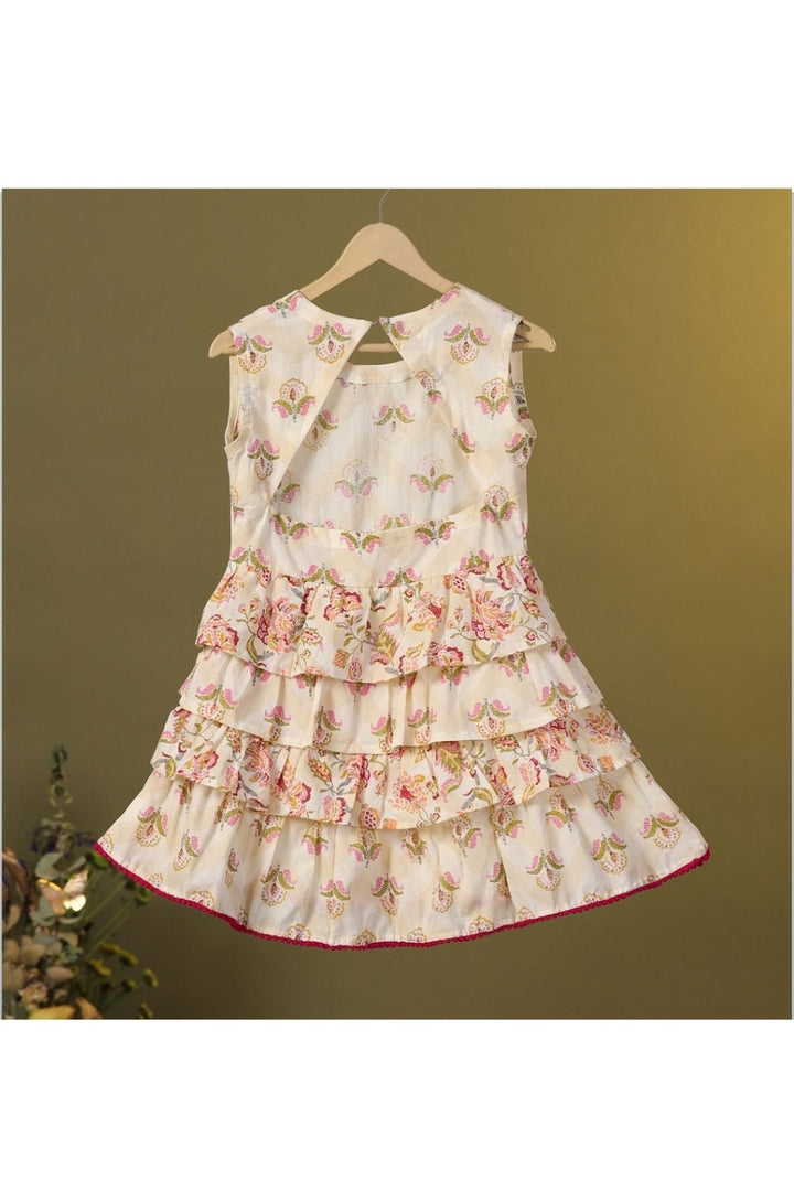 Beige Cotton Floral Printed Tiered Frock