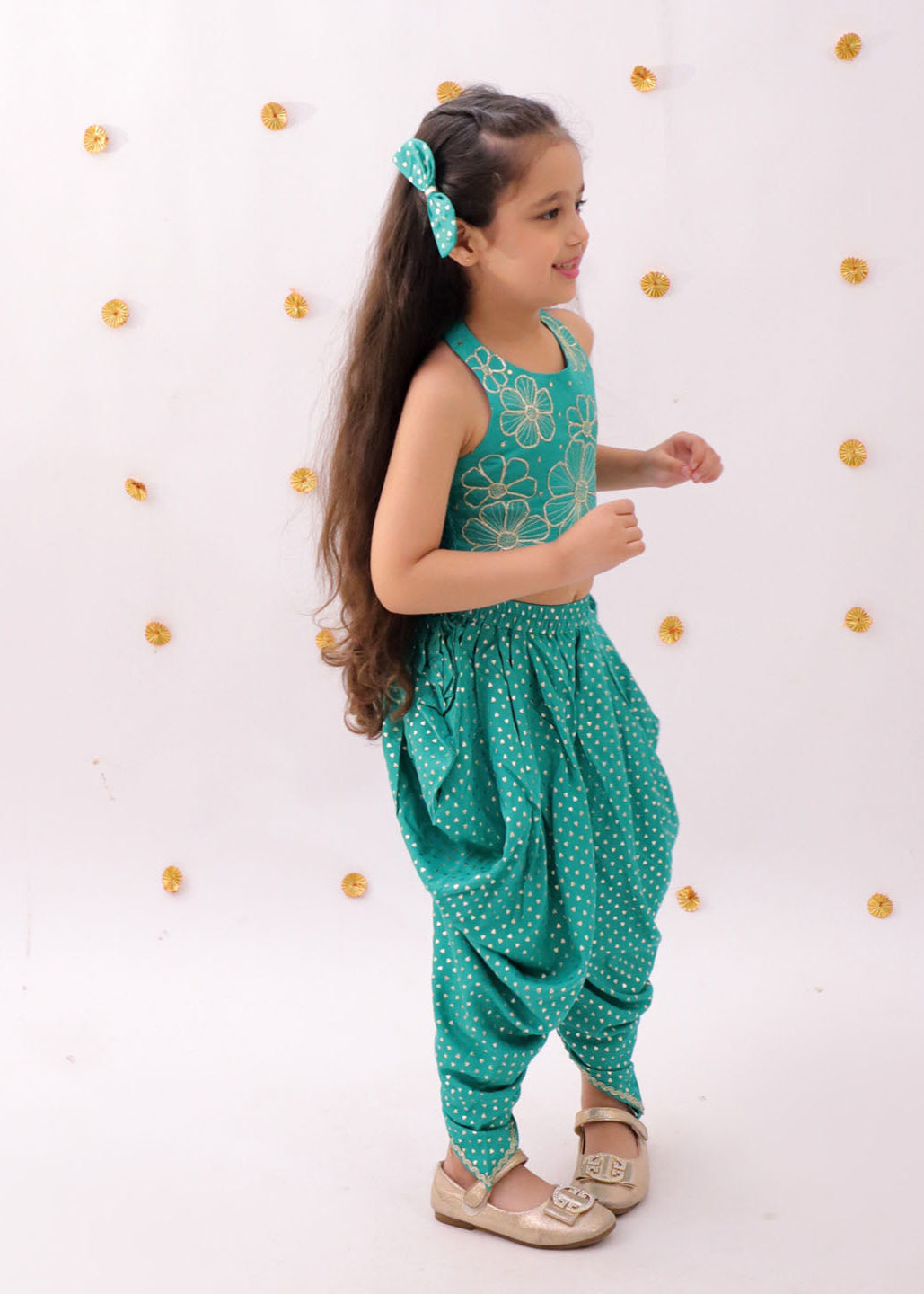 Green Heart Pattern Foil Printed Crop Top With Dhoti Set