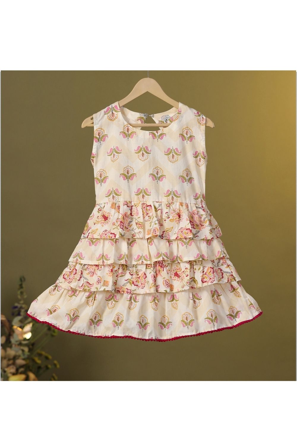 Beige Cotton Floral Printed Tiered Frock