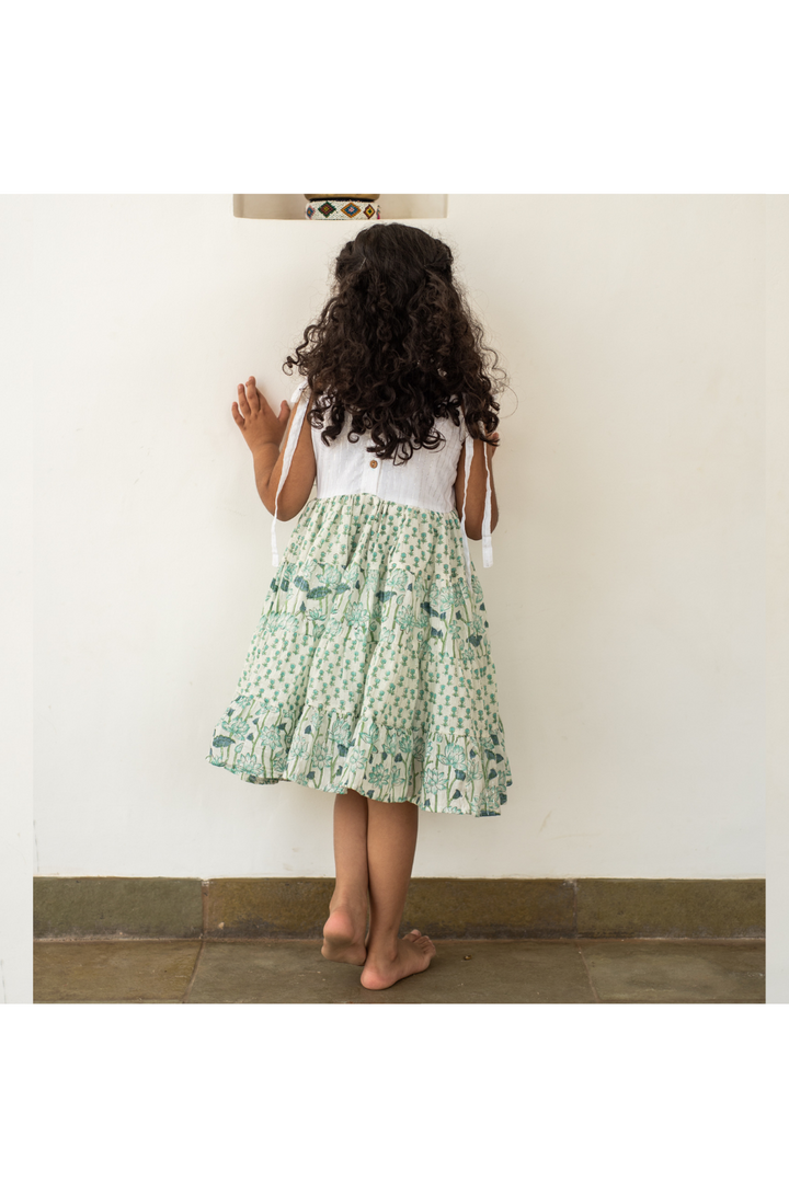 Blue Lotus Printed Tie-Knot And Tiered Cotton Dress