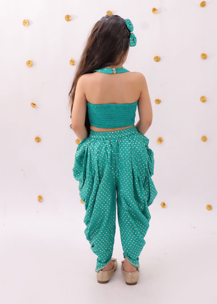 Green Heart Pattern Foil Printed Crop Top With Dhoti Set