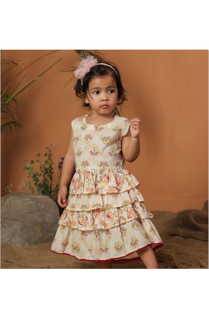 Beige Cotton Floral Printed Tiered Frock
