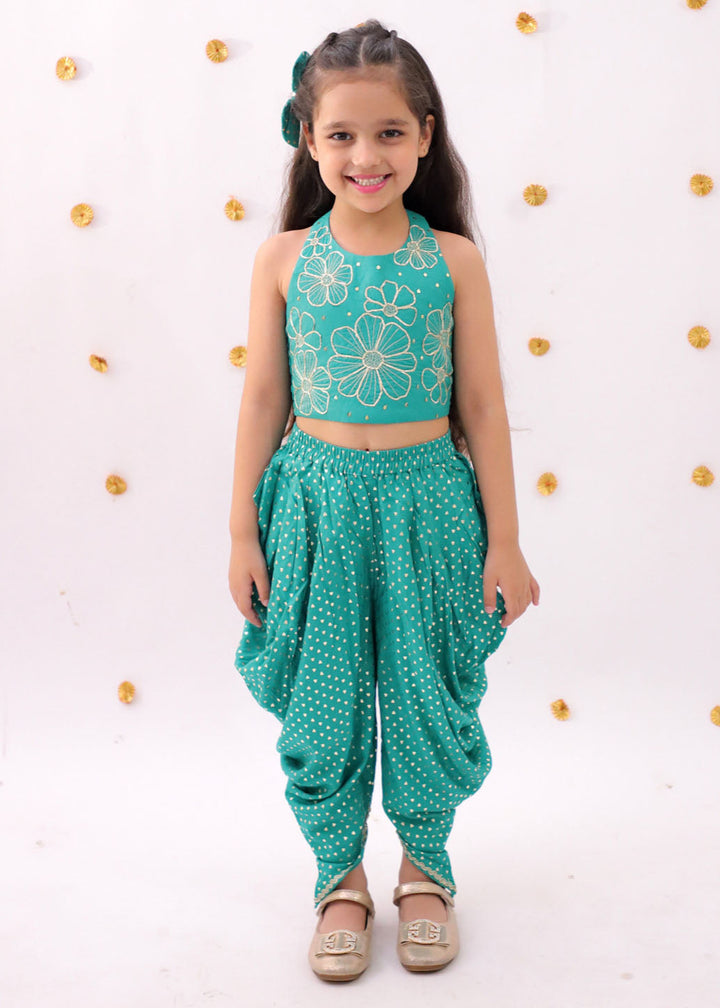 Green Heart Pattern Foil Printed Crop Top With Dhoti Set