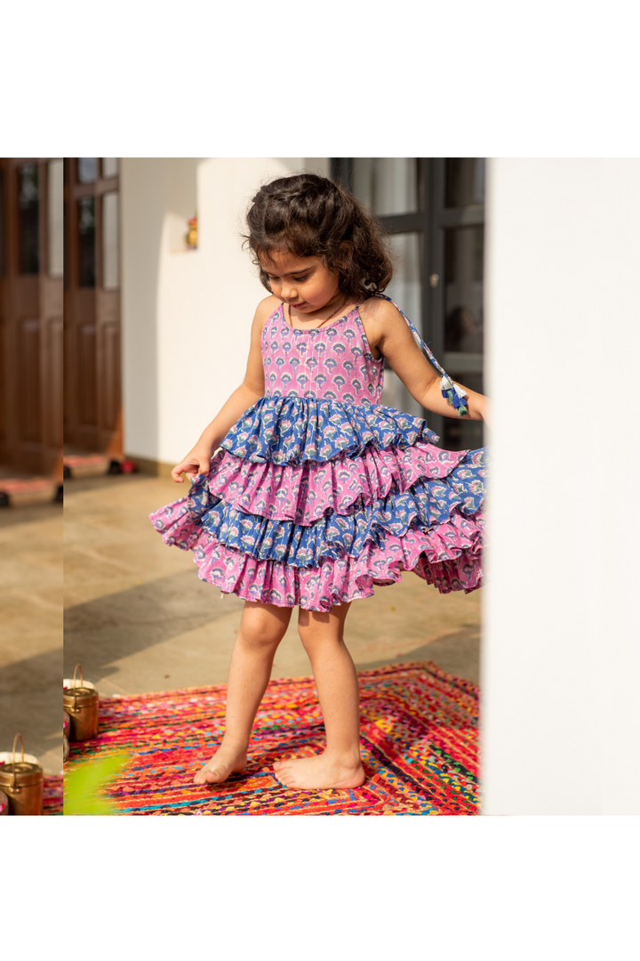 Pink And Blue Floral Printed Tie-Up Sleeveless Dress