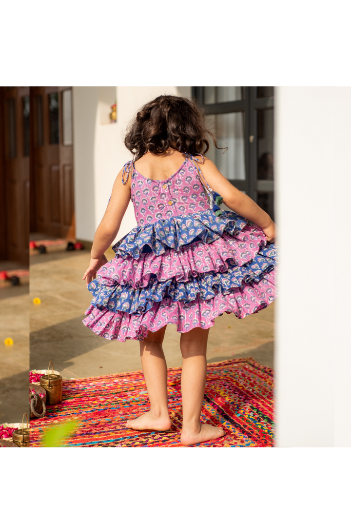 Pink And Blue Floral Printed Tie-Up Sleeveless Dress