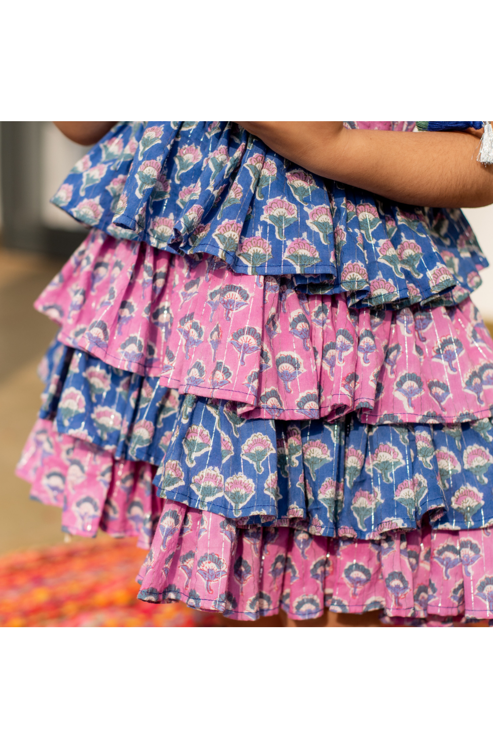 Pink And Blue Floral Printed Tie-Up Sleeveless Dress