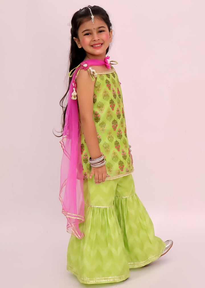 Green Abstract Printed Kurta Sharara With Dupatta Set