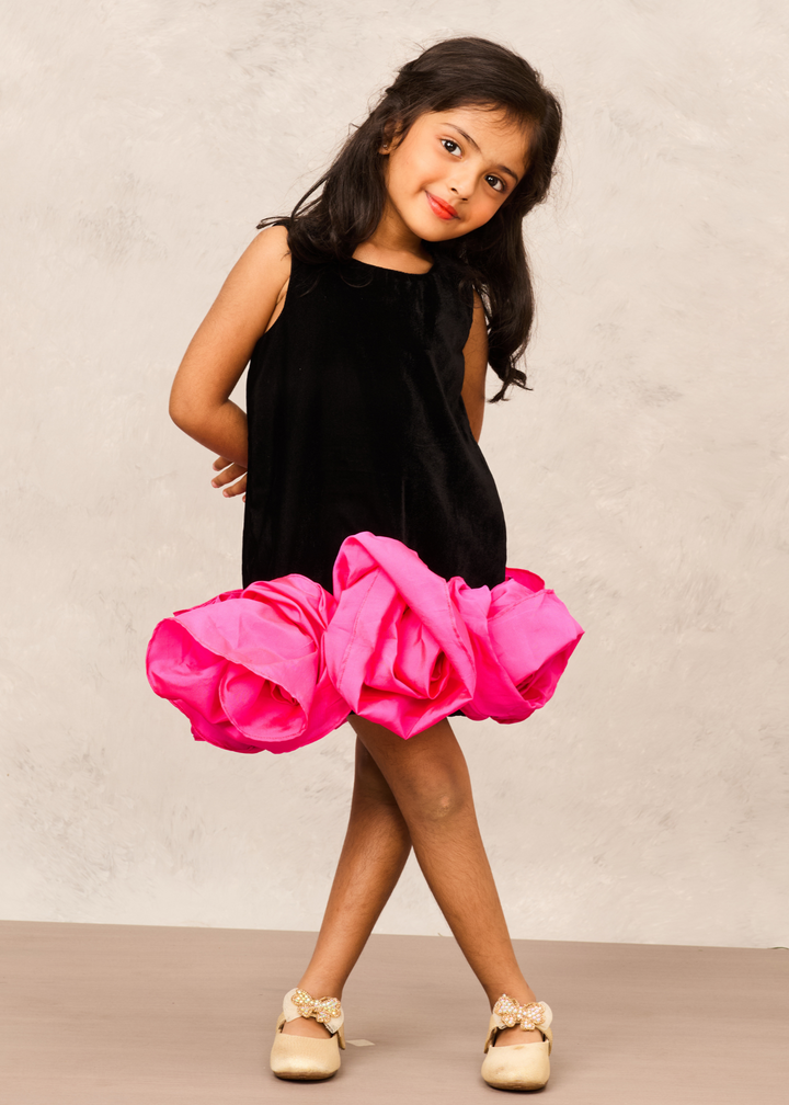 Black Velvet With Pink Taffeta Flower Accents A-Line Dress