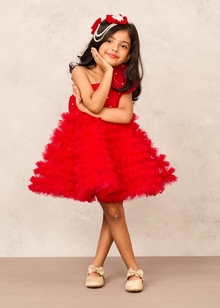Red Pearl Work Detailing One Shoulder Ruffle Dress