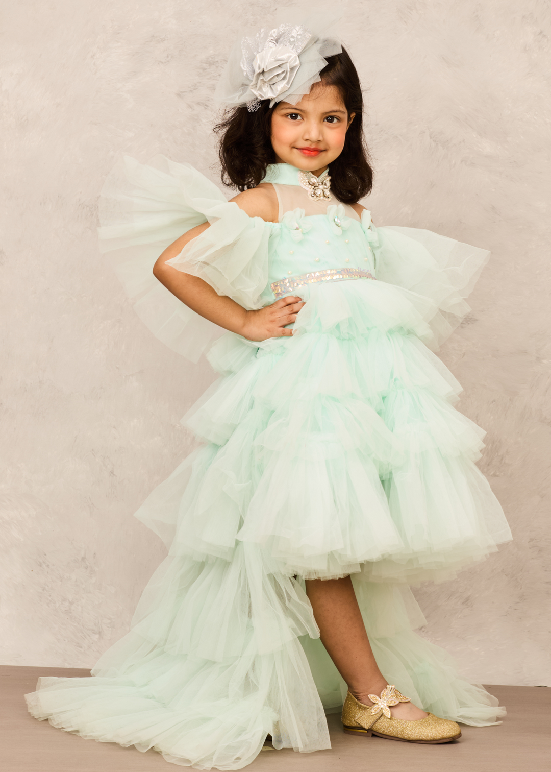Aqua Blue With Butterfly Embellishment High Low Net Gown