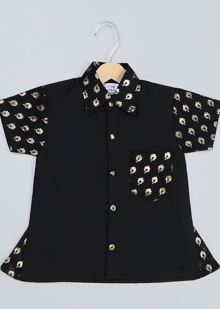 Black Cotton Silk Shirt Lungi With Patka Set