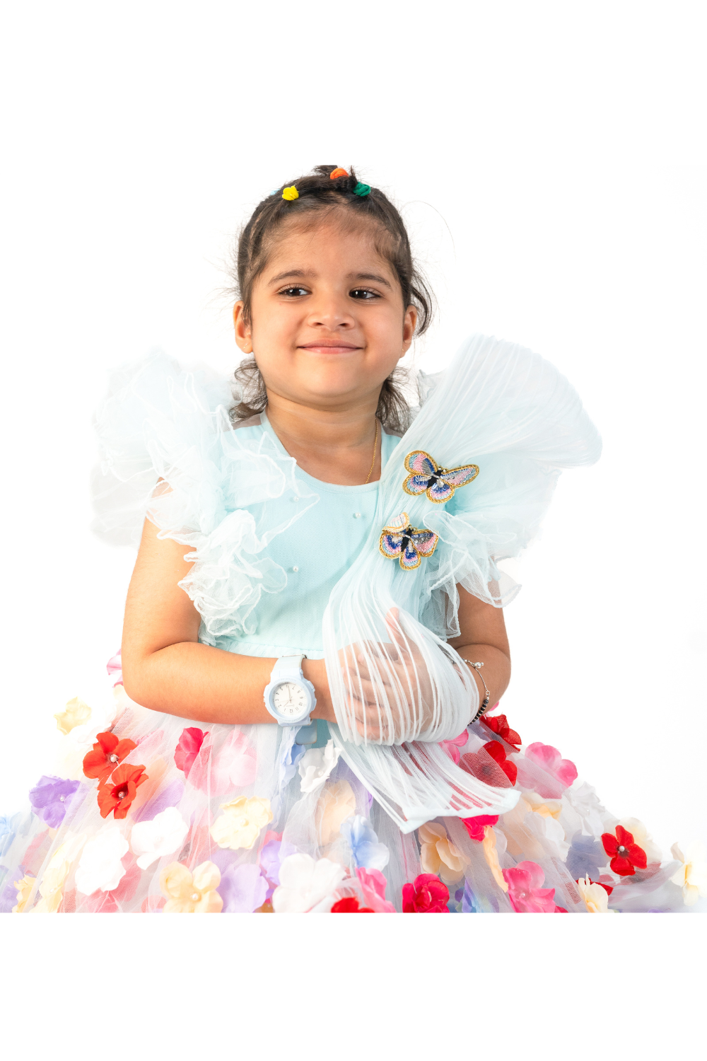 Blue Net Printed Butterfly Flower Beautified Frilled Frock