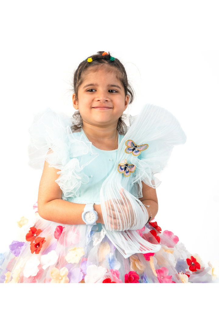 Blue Net Printed Butterfly Flower Beautified Frilled Frock