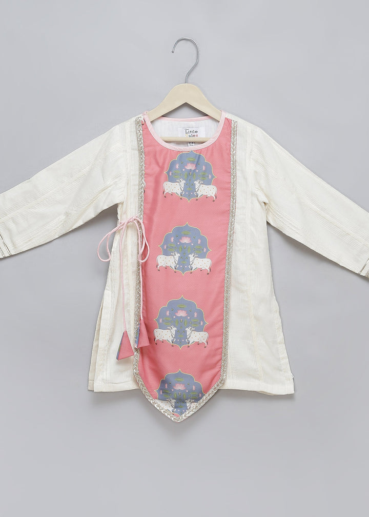 Pink Cow Printed Off White Kurta With Pyjama Set
