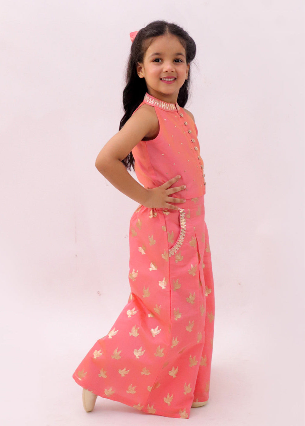 Mishti Peach Bird Printed Top With Palazzo Set