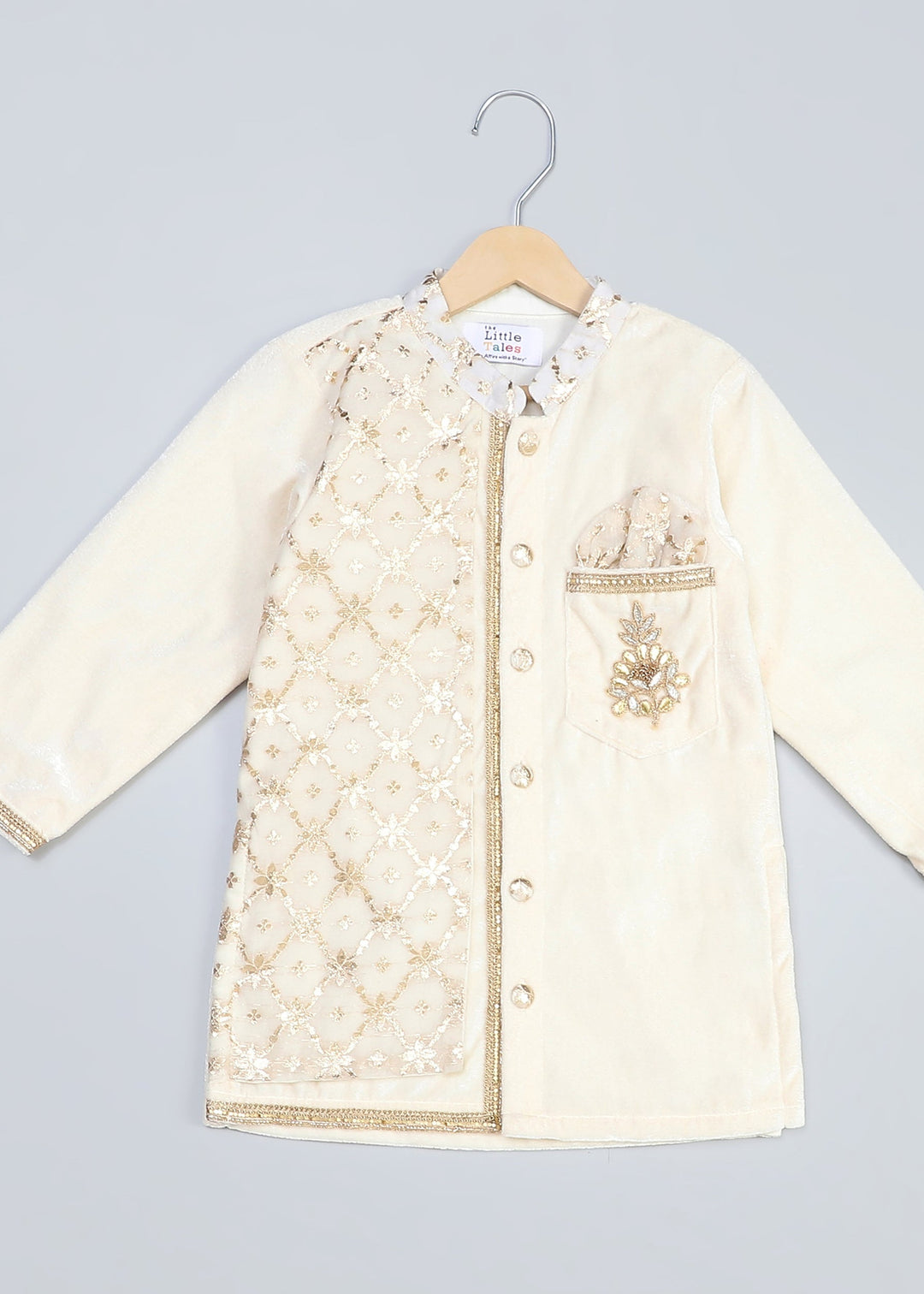 Off White Velvet Kurta With Chanderi Panel Set