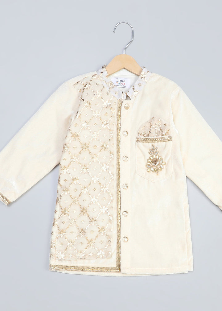 Off White Velvet Kurta With Chanderi Panel Set