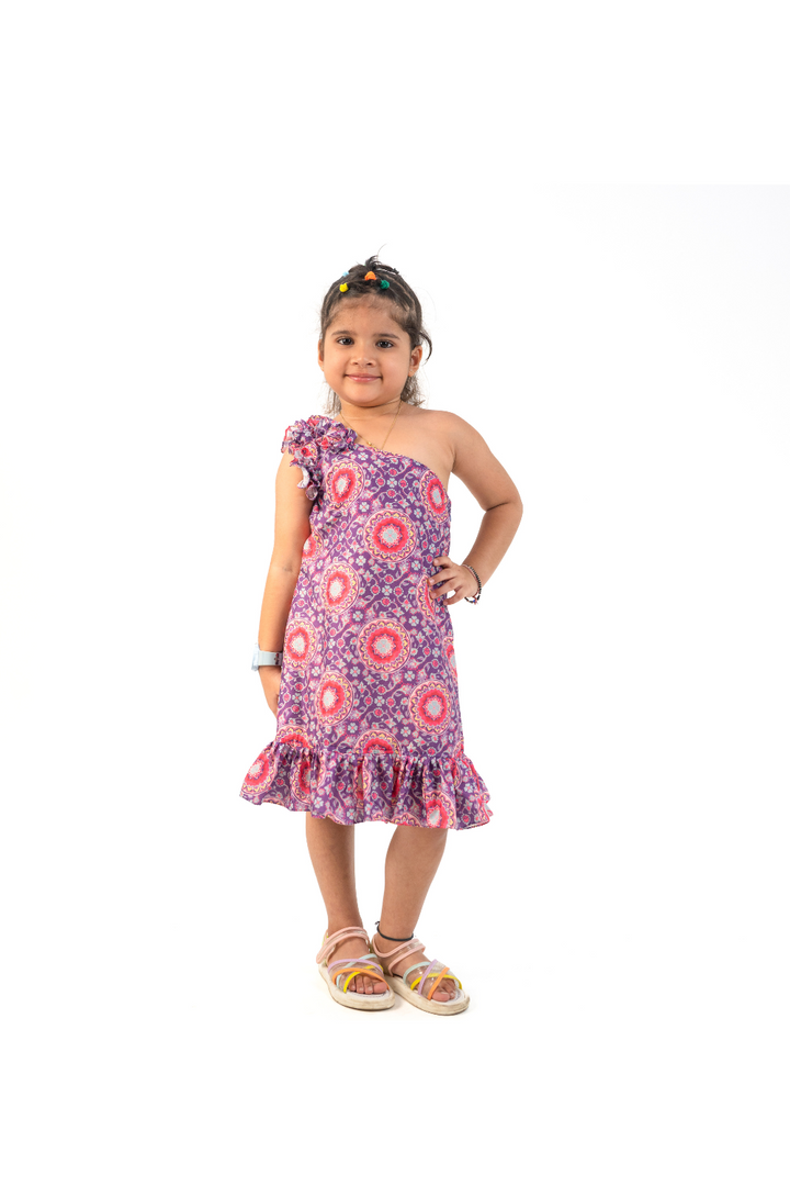 Purple Floral Asymmetrical Muslin Ruffle Dress